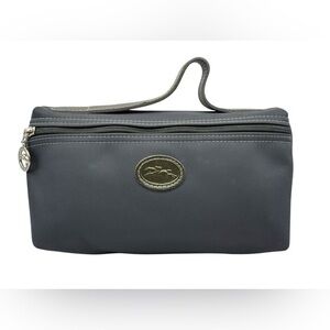 Longchamp 1948 Black Nylon Leather Top Handle Pouch Cosmetic Bag 8.5”x5”x3”